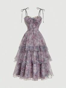 MOD Vestido con estampado floral completo vintage para mujer, estilo palaciego, vestido de cumpleaños, vestido de crucero, vestido con capas - Multicolor - Ver 5