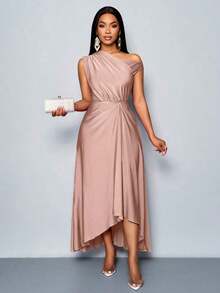 Vestido largo de punto elástico morado, cómodo y elegante para ocasiones de fiesta y citas, con detalles recogidos, cuello asimétrico y bajo asimétrico con abertura, para mujer, de primavera y verano - Rosa - Ver 5