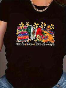 Women's T-Shirt: Celebrate Cinco De Mayo In Style! Black Cotton Graphic Print T-Shirt, 180g, Featuring A Peace And Love Design, Mexican Flag, Sombrero, And Other Party Symbols. Short-Sleeve Crew Neck T-Shirt For Women, Perfect For A Night Out. - 黑色 - 查看 1