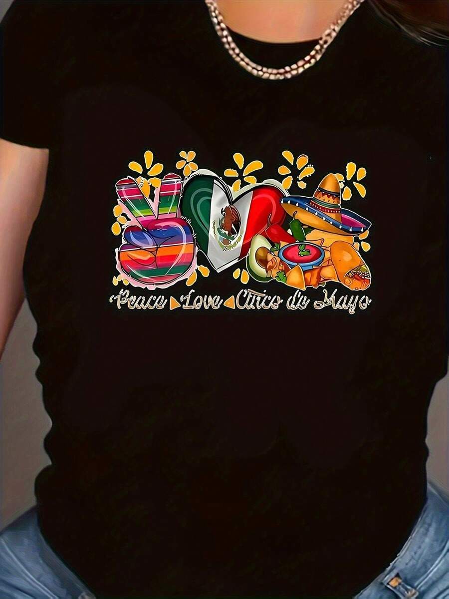 Women's T-Shirt: Celebrate Cinco De Mayo In Style! Black Cotton Graphic Print T-Shirt, 180g, Featuring A Peace And Love Design, Mexican Flag, Sombrero, And Other Party Symbols. Short-Sleeve Crew Neck T-Shirt For Women, Perfect For A Night Out. - 黑色 - 查看 1