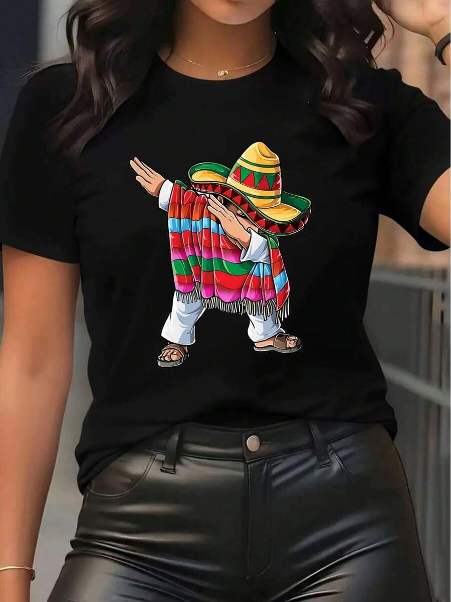 Women's T-Shirt, Casual Short-Sleeve Polyester Sports T-Shirt For Women, Black Base With Colorful Mexican Style Graphic, Lightweight And Comfortable Fit, 100% Polyester Material, Ideal For Casual Outfits, Women's Going Out T-Shirts - 黑色 - 查看 1
