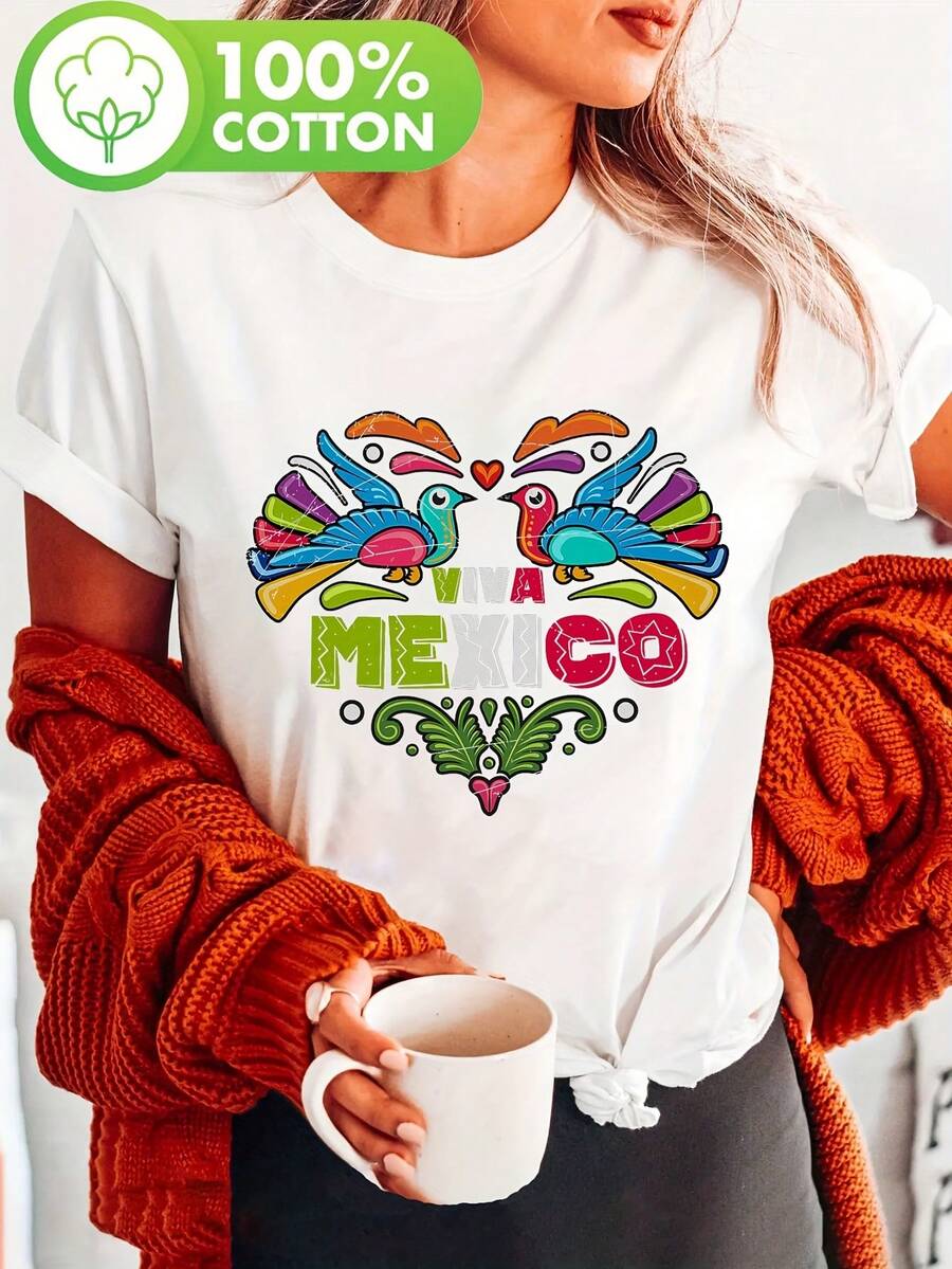 Women's T-Shirt With Mexican Flag And Peacock Print, Short Sleeve, Round Neck, Casual Style For Summer And Spring, Women's Clothing, Women's Night Out T-Shirts - 白色 - 查看 1