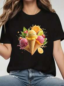 Camiseta Casual con Estampado Creativo de Helado y Fruta, Diseño para Vacaciones, Regalo, Camiseta Deportiva Casual de Cuello Redondo para Mujer, Cómoda para las Cuatro Estaciones, Ropa Elegante para Mujer, Ropa Económica y Bonita para Mujer, Ropa para Mujer con Curvas, Disfraz de Mascarada, 100% Algodón, Duradera - Negro - Ver 2
