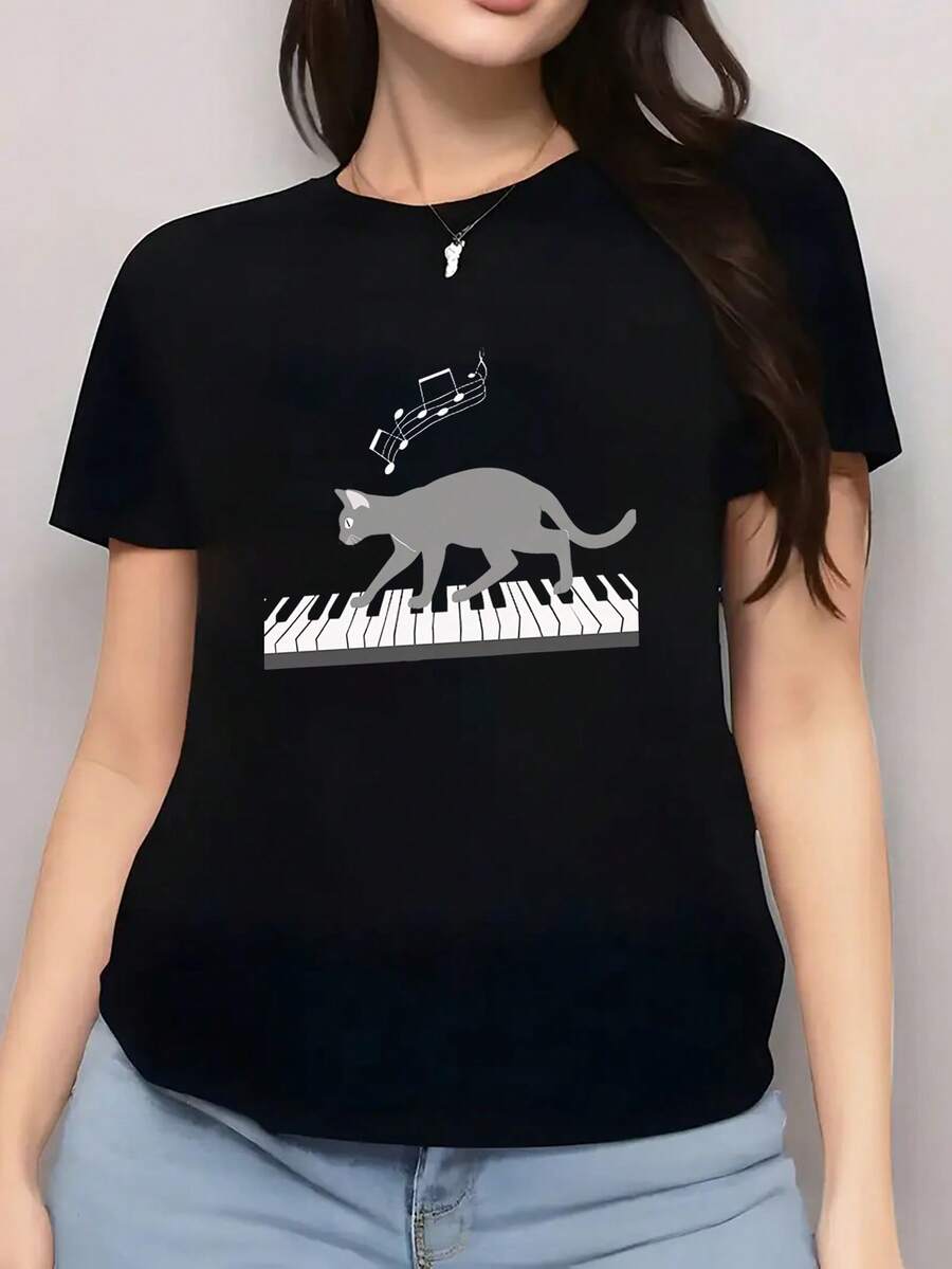 Camiseta de Mujer - Camiseta Negra de Mujer con Diseño de Gato y Notas Musicales - Camiseta Casual de Manga Corta, Ligera y Elástica, Top para Todas las Temporadas, Top Casual de Verano | Camiseta con Temática Musical | Camisetas Ligeras para Salir para Mujer - Negro - Ver 1