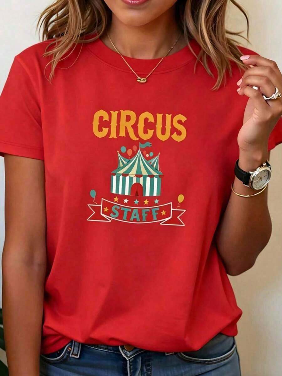 NewSummerCasualCamiseta ligera de estilo retro y divertido de circo con estampado de personal de circo, cuello redondo para mujer, primavera/verano, regalo informal para compras o vacaciones, ideal para reuniones de amigos, 100% algodón. Camisas de mujer - Camiseta unisex de algodón holgada de manga corta y cuello redondo estilo vintage urbano - Rojo - Ver 1