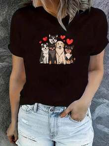 LooseCamiseta San Valentín cachorro mujer, moderno cuello redondo, manga corta casual, estampado adorableBasic Crew Neck Cotton T-shirt for Women - Negro - Ver 6