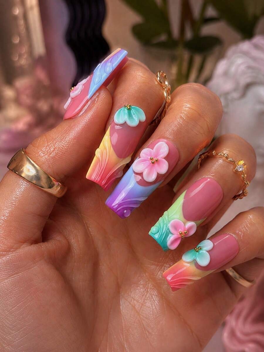 10Pcs Bright Rainbow Summer Handmade Medium Square Acrylic Press On Nails,Nude Pink,Multicolor Gradient French Tips,3D Pink Blue Flower,Gold Bead,Includes Manicure Tools,Unique Nail Set For Women And Girls,Suitable For Beach Vacation,Summer Party,Graduation Day - 杏色 - 查看 1