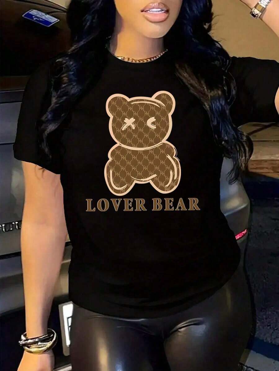 Women's Graphic T-Shirt With Bear Print And Lettering - Vintage Street Style Unisex Oose Cotton Short Sleeve Crew Neck T-Shirt - 黑色 - 查看 1