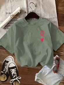 Edición Limitada, Camiseta Casual de Verano para Mujer con Estampado de Doble Cara, Estilo Ilustrado, Estampado de Naipes, Corazón, Reina, Cuello Redondo, Manga Corta, Algodón Ligero - Verde - Ver 2
