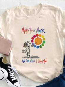 Camiseta casual de verano para mujer, de manga corta, con estampado artístico, suave, de cuello redondo, ligera, lavable a máquina, para primavera-verano, ropa casual de mujer en tela elástica. - Albaricoque - Ver 8