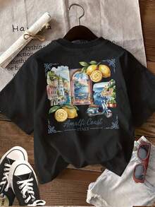 Limited Edition: Women's Spring/Summer Clothing With Double-Sided Watercolor Prints Featuring Lemons Inspired By The Amalfi Coast In Italy. Versatile Lightweight Cotton Short-Sleeve Crew Neck T-Shirt - 黑色 - 查看 2