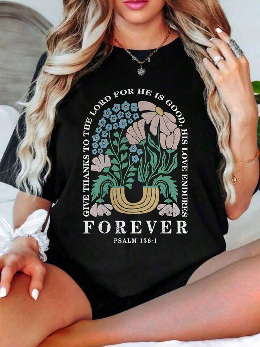 Camisetas de Fe Cristiana para Mujer, Camisetas con Versículos Bíblicos de Jesús, Camisetas con Gráficos Florales Inspiradores, Camisetas Gráficas Unisex - Negro - Ver 1