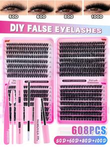 MEM 608/480D Curly Cluster False Eyelashes Set, Includes Beginner-Friendly False Eyelash Tutorial, Thick & Fluffy Segmented False Eyelashes, Comes With Glue, Sealant, Tweezers, Lash Brush, Extra-Volume Double-Eye False Lashes - Black - View 8
