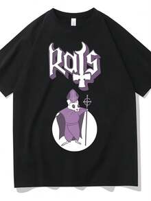 Camiseta Vintage Gótica para Hombre 2026 - Camiseta pura, con ilustraciones del meme del Papa Rata, diseño de patrón morado y cruz, Unisex - Negro - Ver 1