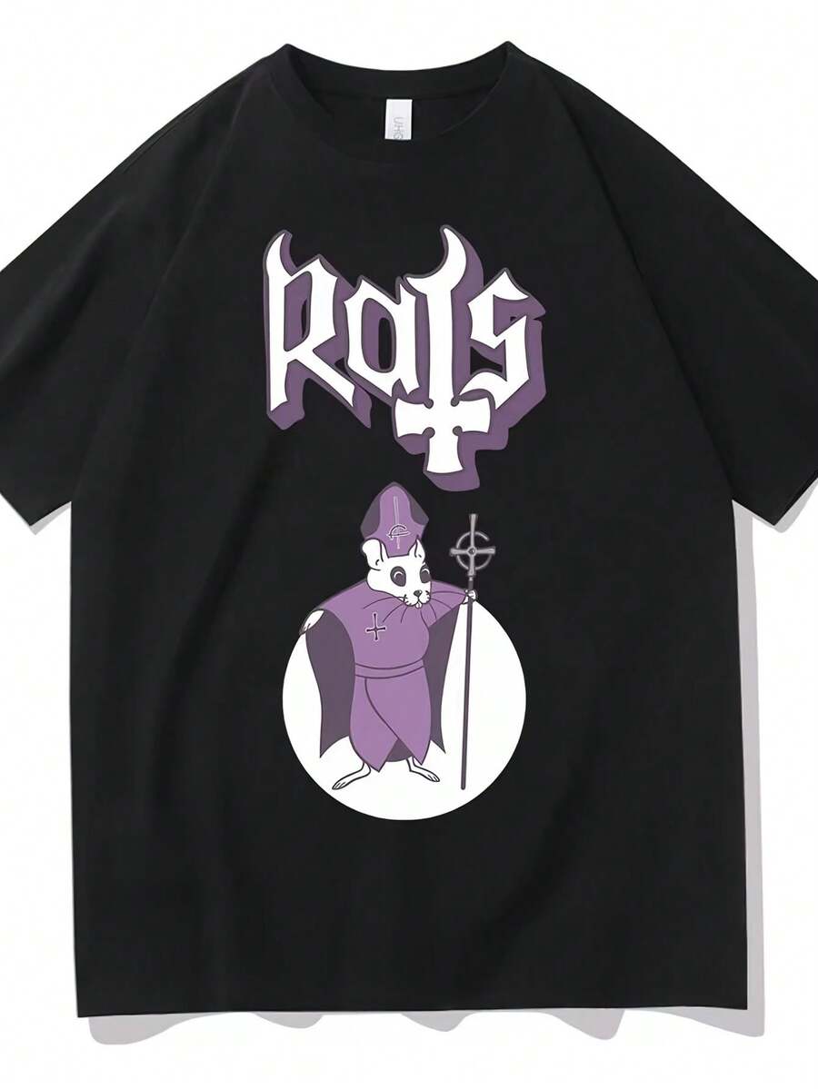 Camiseta Vintage Gótica para Hombre 2026 - Camiseta pura, con ilustraciones del meme del Papa Rata, diseño de patrón morado y cruz, Unisex - Negro - Ver 1