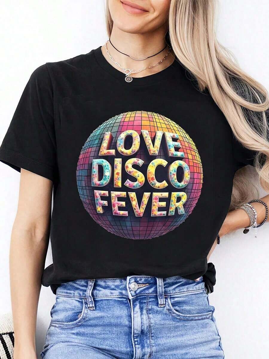 Opción popular: Nueva camiseta de manga corta para mujer, estilo casual, cuello redondo, con diseño de bola de discoteca, estilo retro para fiestas, regalo perfecto para familiares y amigos. - Negro - Ver 1