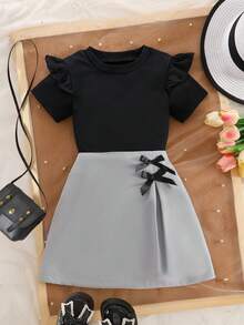 Französisches elegantes Mädchen-Set, Bluse mit Rüschenärmeln und Schleifenrock - Silber - Übersicht 4