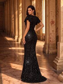 UNITHORSE Đầm dạ hội dài màu đen lấp lánh đính sequin, cổ chữ V, tay bồng, sang trọng, thích hợp cho tiệc cưới, lễ tốt nghiệp, tiệc tối mùa xuân. - màu đen - Xem 2