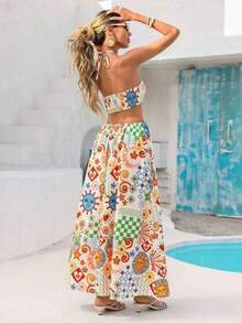 Vestido largo con estampado floral, sin mangas y con diseño calado en la cintura, para vacaciones - Multicolor - Ver 2