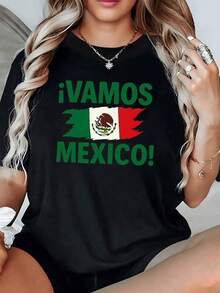 Bandera mexicana ondeando con orgullo acompañada de la frase patriótica que inspira energía pasión y amor por la tierra azteca ideal para quienes celebran su identidad nacional camiseta de mujer casual cómoda para uso diario - Negro - Ver 1
