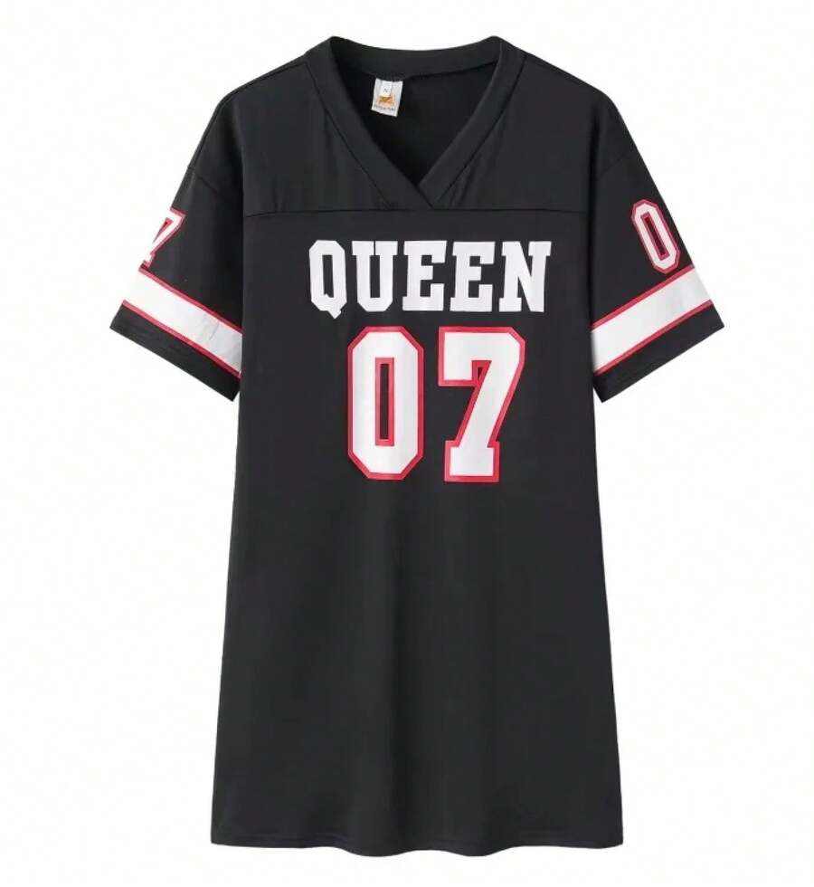 Nuevo Vestido de Moda 2026 con Cuello en V y Estampado de Letras 'Queen', Manga Corta, Estilo Deportivo de Baloncesto, Sexy y Holgado, Ropa Femenina Urbana - Negro - Ver 1
