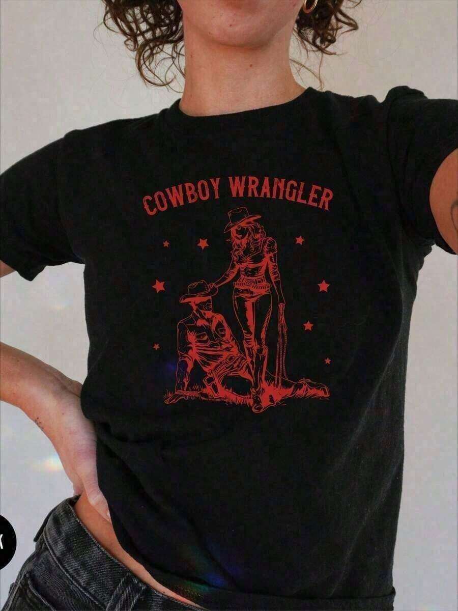 Top de verano de vaquera, camiseta linda de vaquero, camiseta occidental, top de verano de vaquera, camisetas de época country, camisa de rodeo linda, ajuste cómodo, camiseta de algodón pesado clásica de manga corta, camiseta gráfica impresa, top casual de manga corta para mujeres, camisetas topográficas, camisas de hombre, ropa de calle, camisa blanca, camisa negra, suave y cómoda - Negro - Ver 1