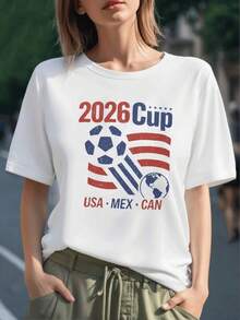Símbolo del torneo mundial 2026 con balón y banderas que representan la unión deportiva entre USA MEX CAN transmitiendo pasión futbolera camiseta para mujer 100% algodón - Negro - Ver 6