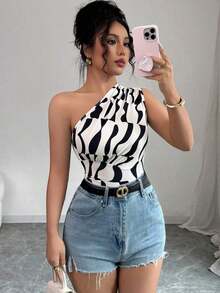 Blusa de mujer de nueva llegada para el verano, con hombro oblicuo, volantes y estampado geométrico asimétrico sexy - Multicolor - Ver 8