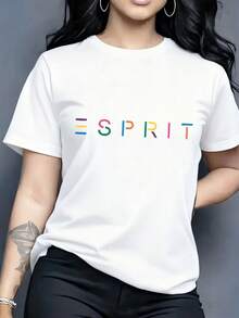 Women's fashionable T-shirt, featuring the "Mighty Man from  and " pattern print, made of 100% pure cotton with a round neck and short sleeves. It is comfortable and breathable, casual and elegant, a must-have for summer. - Blanco - Ver 6