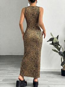 Vestido ajustado sin mangas con estampado de leopardo para mujer - Marrón - Ver 2
