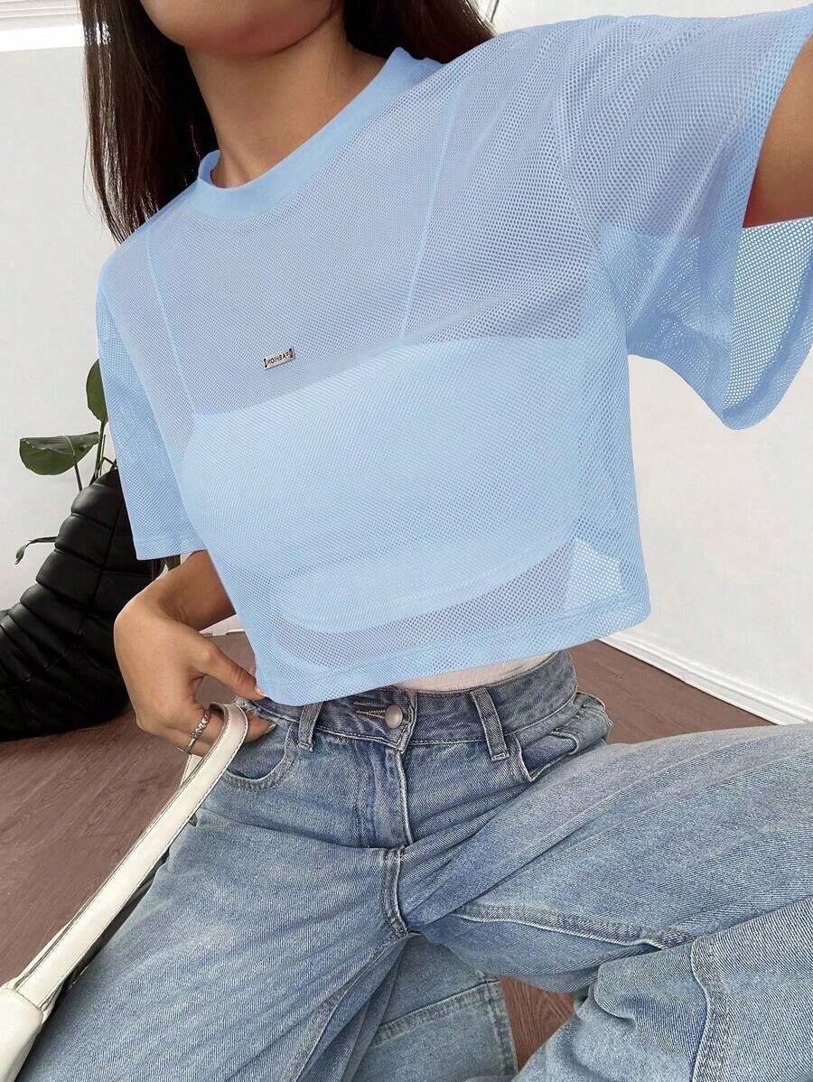 Top de malla negra de manga corta para mujer - Celeste - Ver 1