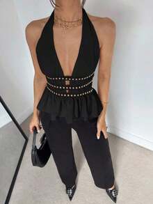 Nuevo top halter de verano con diseño de cintura con remaches para mujeres - Negro - Ver 6