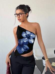 Top elegante de un hombro con un giro en color rojo burdeos delgado para mujer - Multicolor 3 - Ver 1