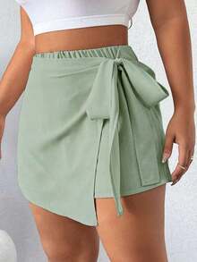 Falda-short casual con bajo asimétrico y lazo lateral para mujer de talla grande - Verde - Ver 3