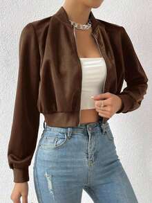 Chaqueta bomber corta con cremallera de color liso, chaqueta ligera de mujer de uso casual para primavera/otoño con manga regular, cuello tipo béisbol y ajuste regular en color negro liso - Café integral - Ver 4