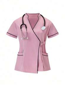 Conjunto de uniformes médicos: Parte superior de cuello en V de manga corta y pantalones para trabajadores de la salud - Rosa - Ver 3