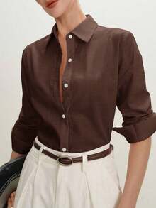2026 Nueva Camisa Básica Versátil y Elegante para Mujer con Botones Delanteros y Cuello Mao en Color Azul Claro, Adecuada para Ir al Trabajo, Uso Diario, Estilo Retro de los 90, Navidad, Año Nuevo, Fiesta de San Valentín, Playa, Graduación, Moda, - Marrón 2 - Ver 1