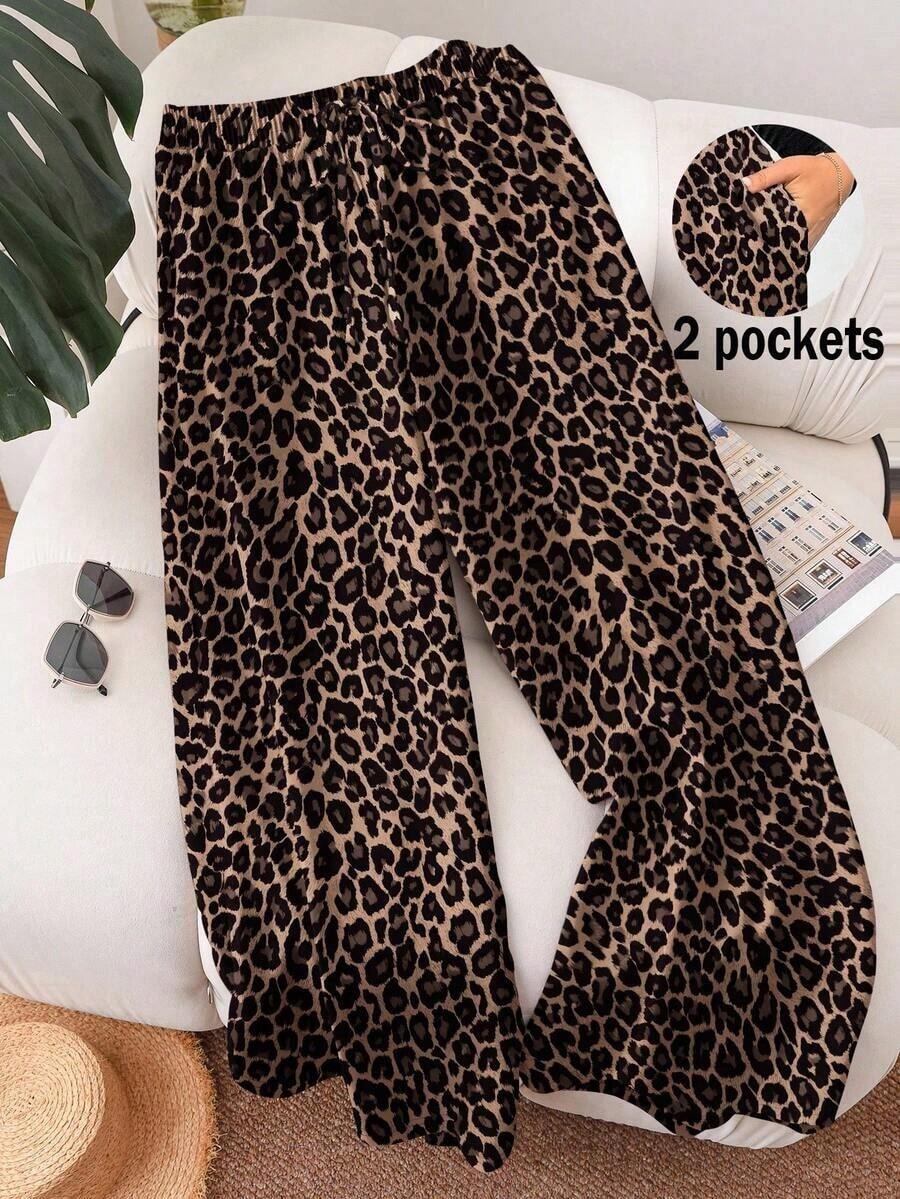 Pantalones casuales y holgados con estampado de leopardo para mujer de talla grande, adecuados para vacaciones y festivales de música - Multicolor - Ver 1