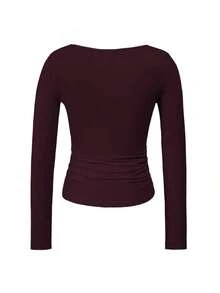 Camiseta ajustada de manga larga con cuello cuadrado para mujer, primavera/verano Y2K, unicolor, sexy, adecuada para el Día de San Valentín y uso casual - Morado - Ver 4