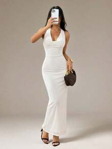 Vestido elegante de mujer de unicolor con cuello drapeado de malla, vestido largo, estilo vacacional, adecuado para vacaciones de otoño/invierno - Blanco - Ver 5