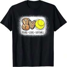 Camiseta casual de algodón para mujer, de manga corta y cuello redondo, estampada con un diseño de pelota de softball que simboliza la paz y el amor. - Negro - Ver 1