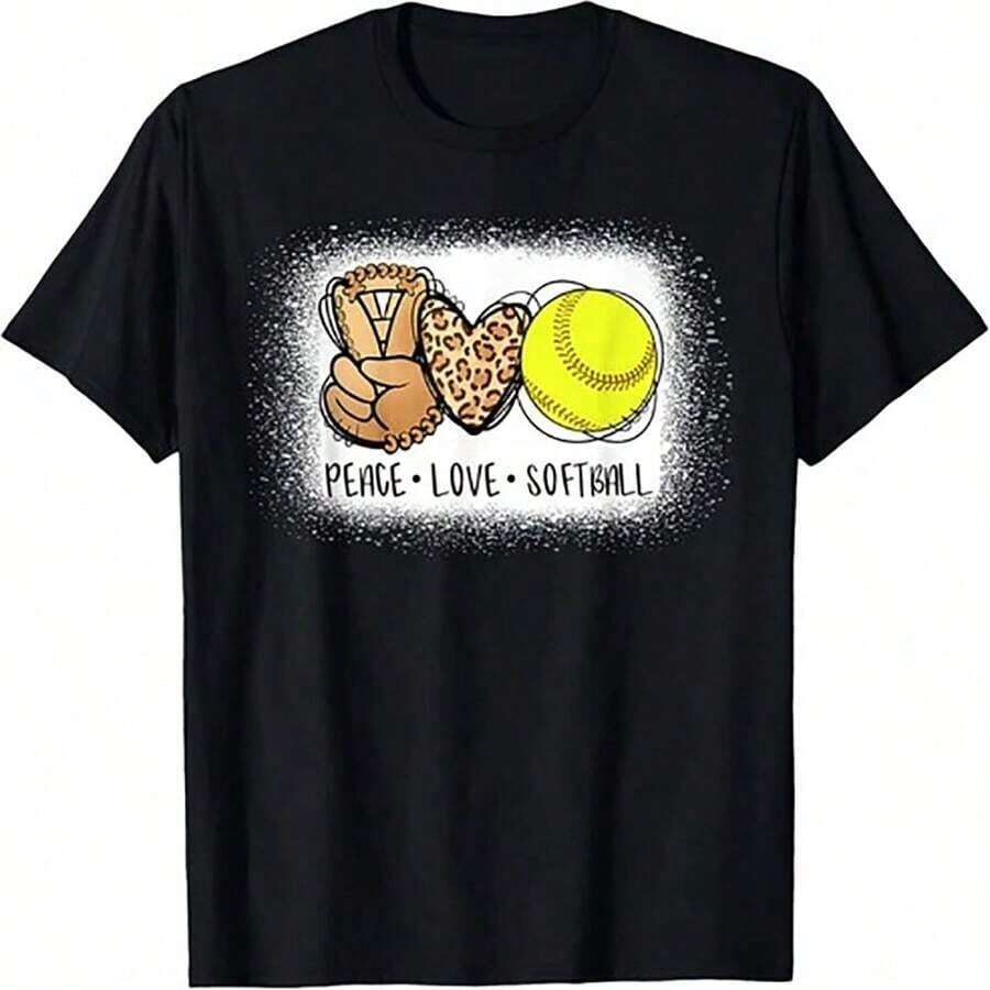 Camiseta casual de algodón para mujer, de manga corta y cuello redondo, estampada con un diseño de pelota de softball que simboliza la paz y el amor. - Negro - Ver 1