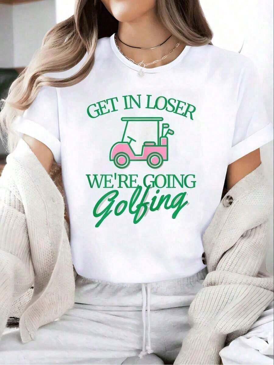 Nueva camiseta casual de manga corta con estampado moderno, que presenta las palabras "loser, vamos a jugar golf", lindos diseños de carritos de golf y golfistas, camiseta de manga corta con cuello redondo, camiseta casual de algodón estampada, top para mujer, ropa de vacaciones, ropa de mujer estilo bohemio. - Blanco - Ver 1