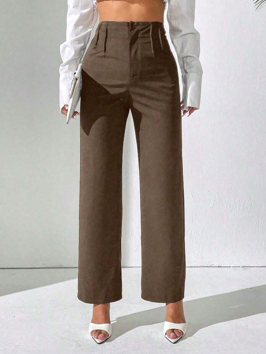 PETITE Pantalones rectos de uso casual diario de unicolor para damas - Marrón - Ver 1