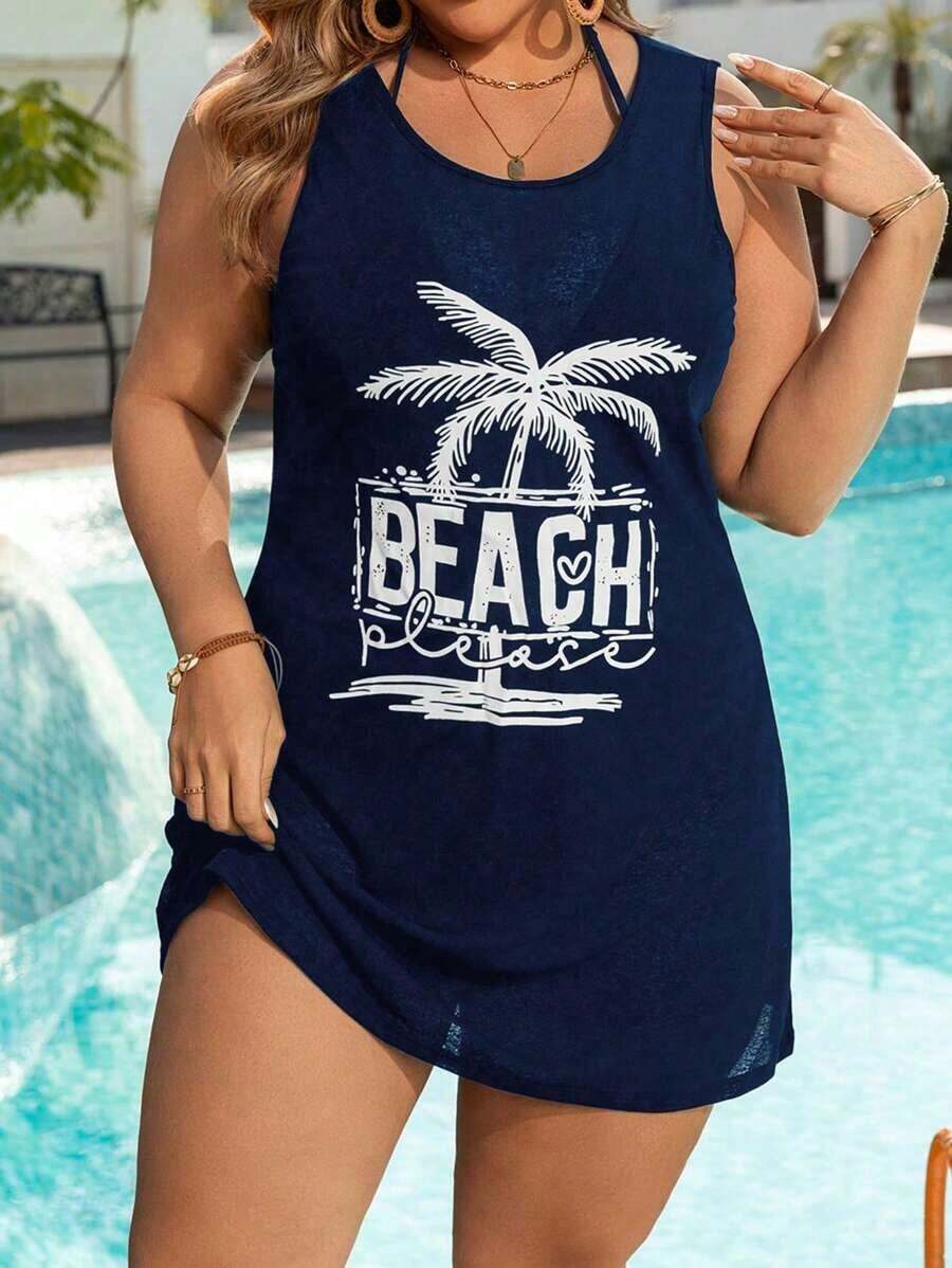 Mono vestido con estampado de árbol de coco talla grande para mujer, atuendo casual para vacaciones en la playa - Azul marino - Ver 1