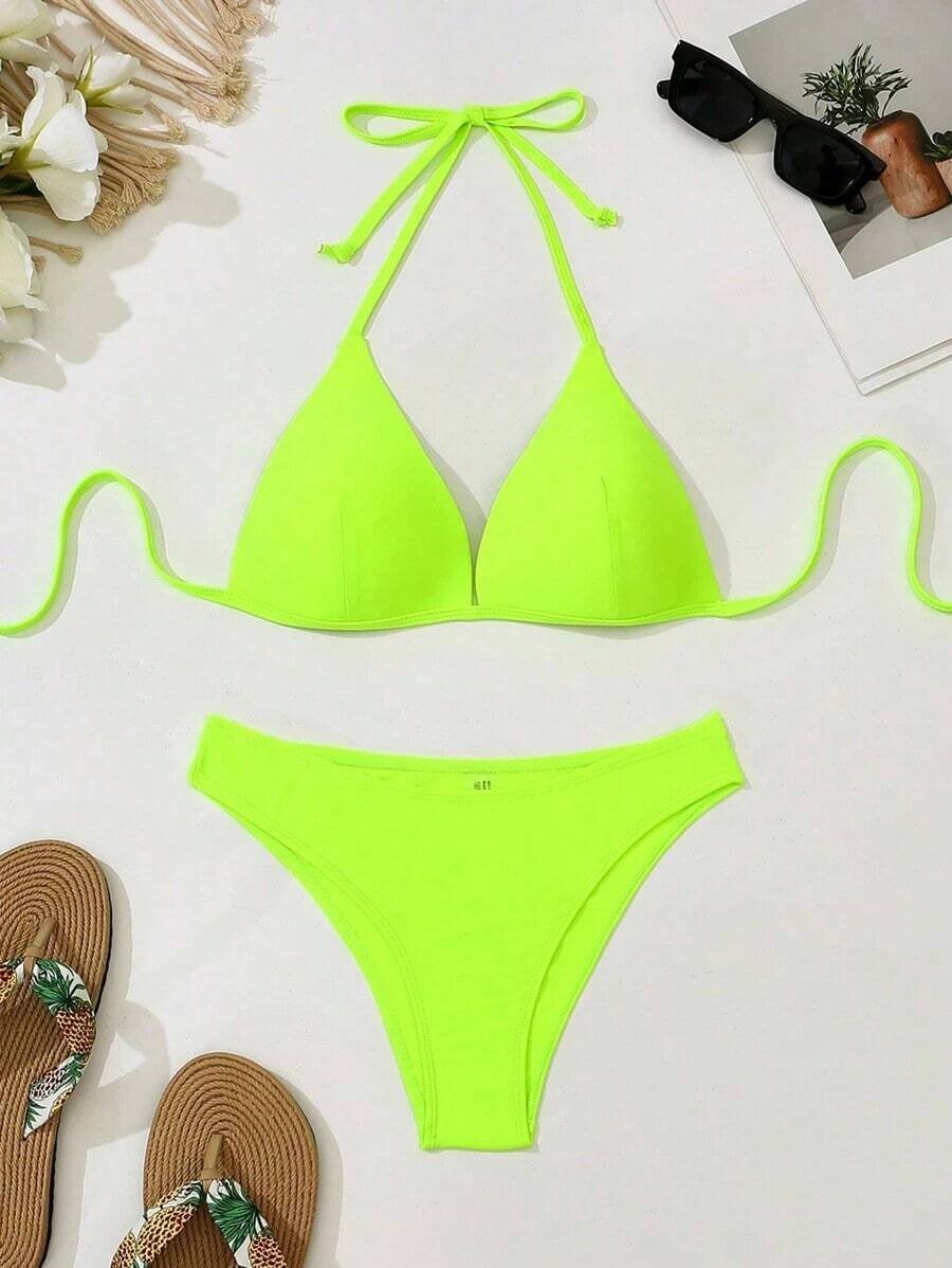 Conjunto de bikini liso, sujetador push up y parte inferior de bikini, traje de baño de 2 piezas - Verde - Ver 1