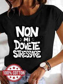 Camiseta con estampado gr£fico de letras "Non Mi Dovete Stessare" 100%, manga corta y cuello redondo, top casual para verano y primavera, para mujer - Negro - Ver 2