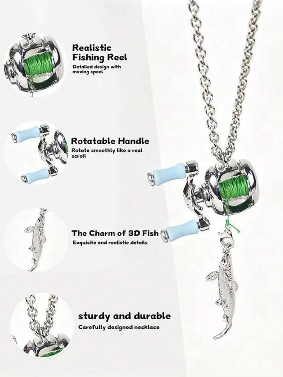 1pc Mini Fishing Reel Necklace Pendant - Silver - View 1