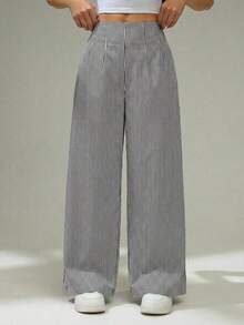 Pantalones rectos de talle alto de rayas azules y blancas, elegantes, casuales, sencillos, para ir a la oficina, diarios y de vacaciones - Blanco y Negro - Ver 8