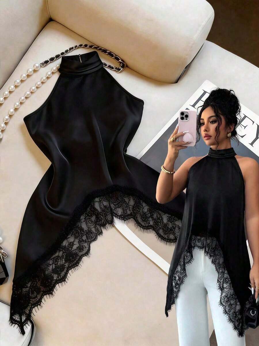 Blusa casual versátil de uso diario con aplicación de encaje para mujer - Albaricoque - Ver 1